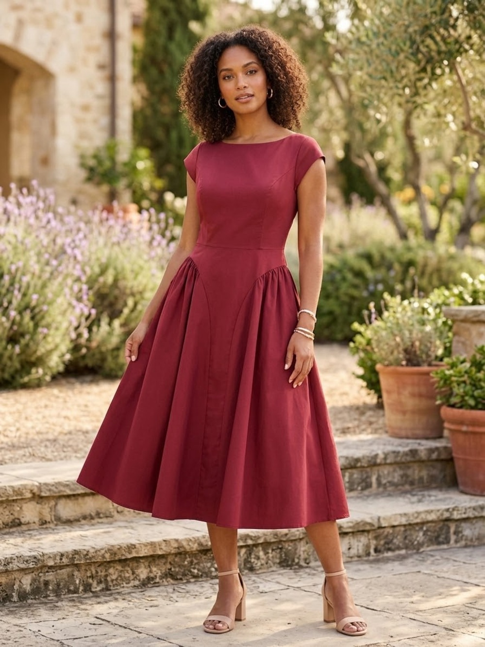 MODENAIRE/ NWOT/ Elegant Cap-Sleeve Midi Dress / Berry / L / PTP-18”/ Pockets